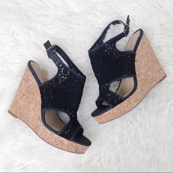 Lucky Brand Black Wedge Sandals with Lace Detail - Picture 2 of 10